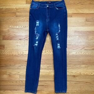 Fashion Nova Skinny Jeans Womens 1X Blue High Rise Distressed Stretch Edgy Y2K